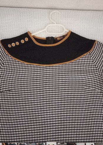 Düğmeli Uzun Kollu Gri Ekose Tunik - Görsel 5