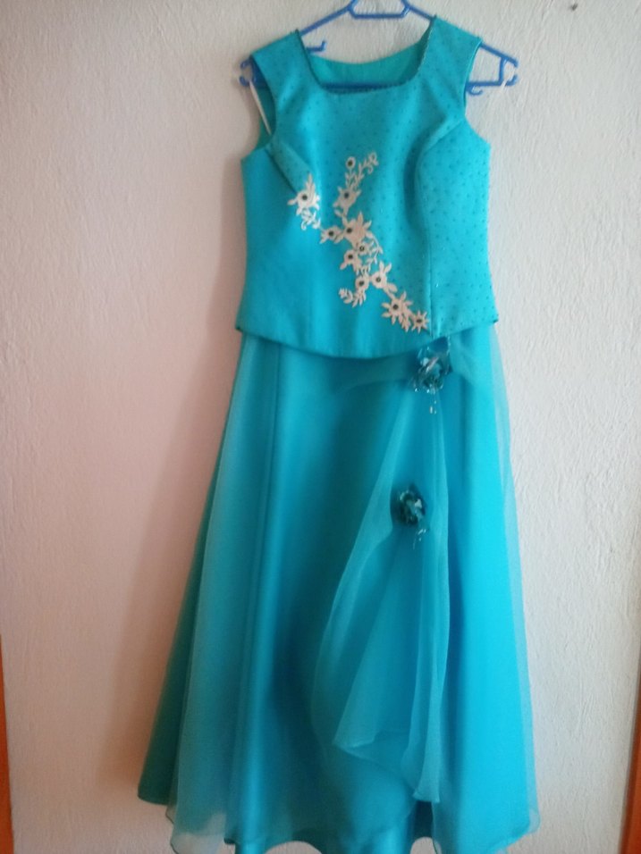 Turkuaz Drapeli Uzun Abiye Elbise - Görsel 2