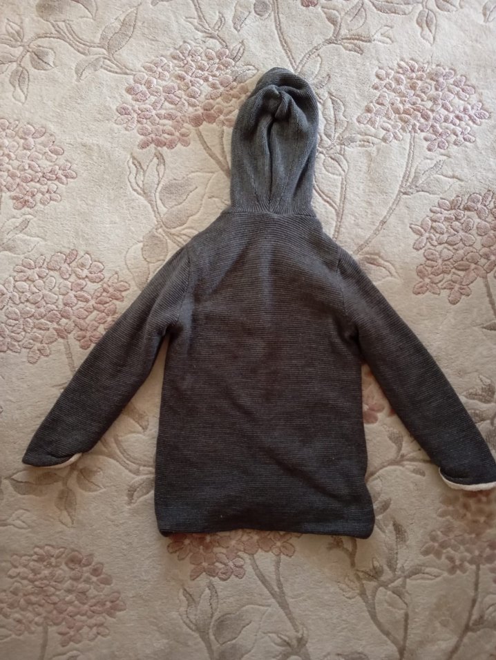 Kapüşonlu Gri Örgü kız Çocuk Kabanı - Görsel 2