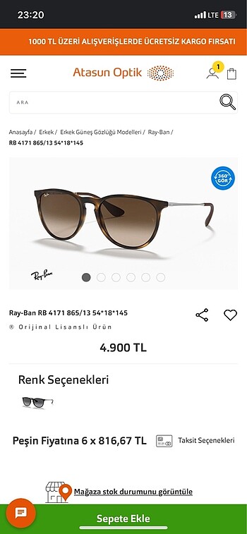 Beden siyah Renk Güneş gözlüğü