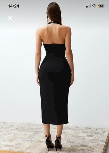 42 Beden Siyah Strappy Midi Kadın elbise