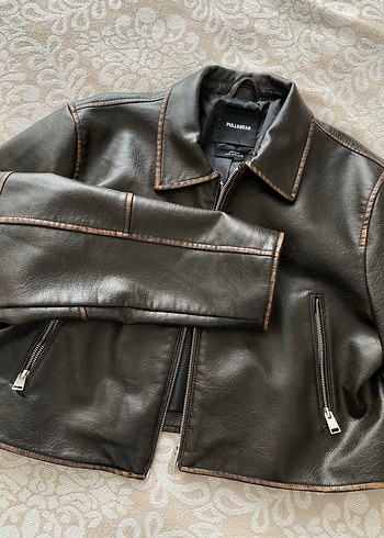 Pull and Bear Kadın Kahverengi Deri Biker Ceket
