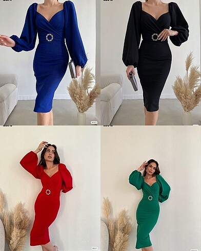 Kadın kalp yaka sırt dekolteli kemer toka detay midi boy elbise