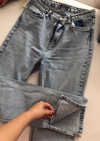 Açık Mavi Yırtmaçlı Yüksek Bel Denim