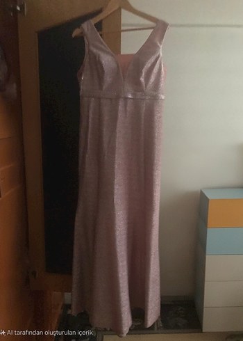 V Yaka Parlak Simli Toz Pembe Balık Model Abiye Elbise - Görsel 5