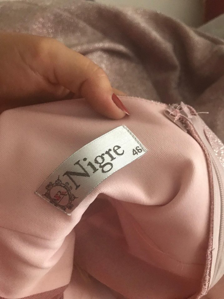 V Yaka Parlak Simli Toz Pembe Balık Model Abiye Elbise - Görsel 4