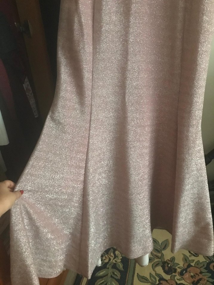 V Yaka Parlak Simli Toz Pembe Balık Model Abiye Elbise - Görsel 3