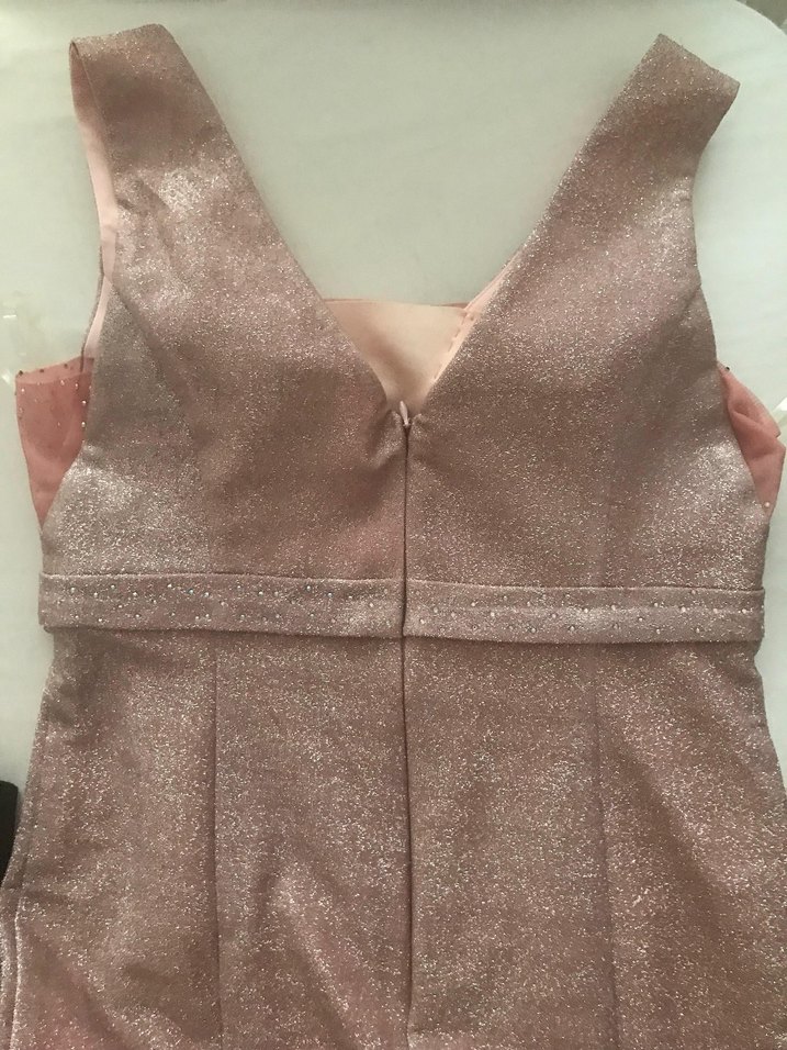 V Yaka Parlak Simli Toz Pembe Balık Model Abiye Elbise - Görsel 2