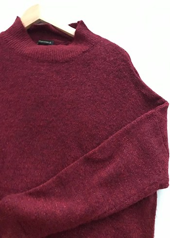 Bordo Kadın Örgü Simli Yün Kazak - Görsel 2