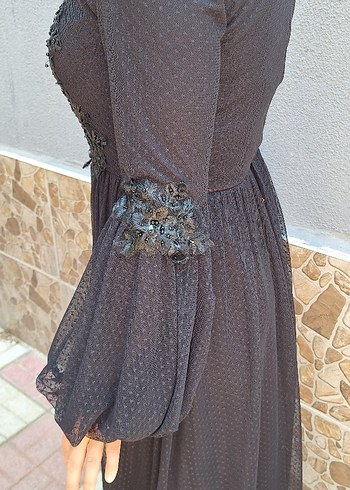 Drapeli Siyah Uzun Kollu Gotik Elbise - Görsel 6