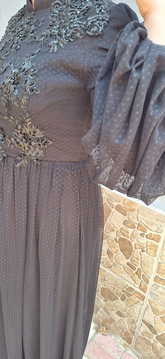 Drapeli Siyah Uzun Kollu Gotik Elbise - Görsel 4