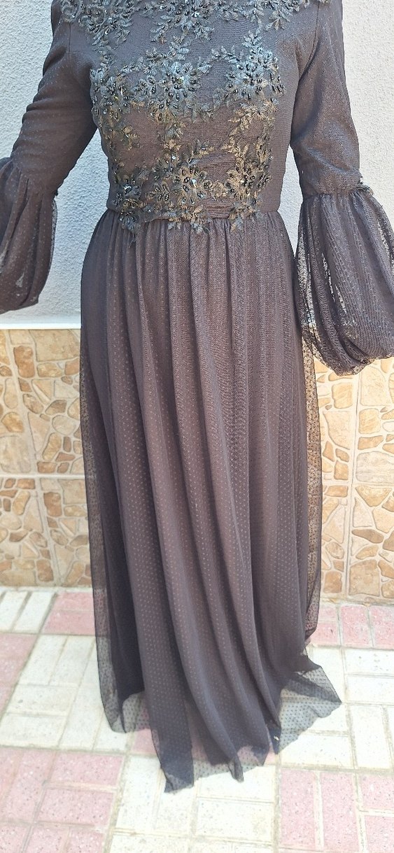 Drapeli Siyah Uzun Kollu Gotik Elbise - Görsel 3