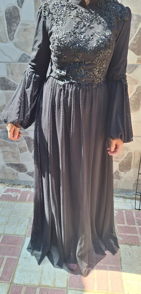 Drapeli Siyah Uzun Kollu Gotik Elbise - Görsel 5