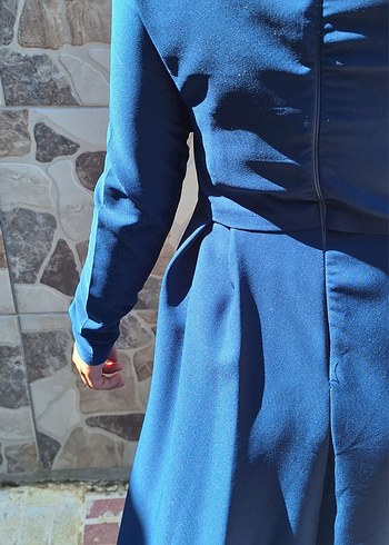 Mavi Uzun Kollu İşlemeli Abiye Elbise - Görsel 5