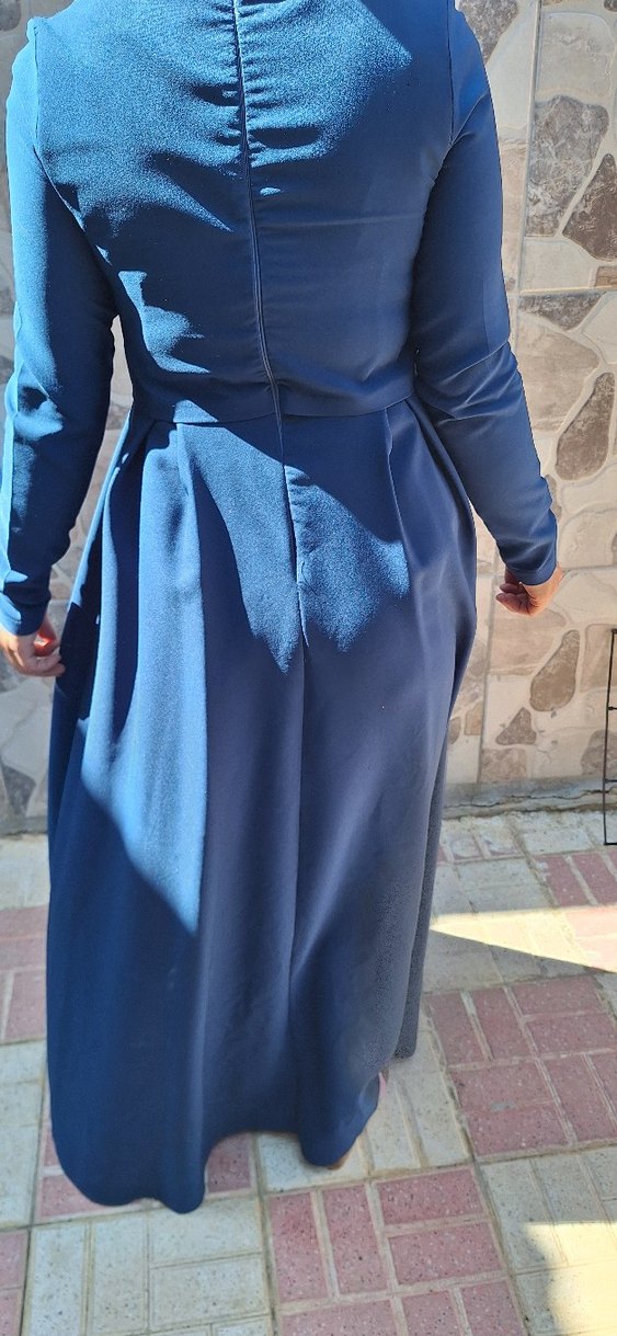 Mavi Uzun Kollu İşlemeli Abiye Elbise - Görsel 3