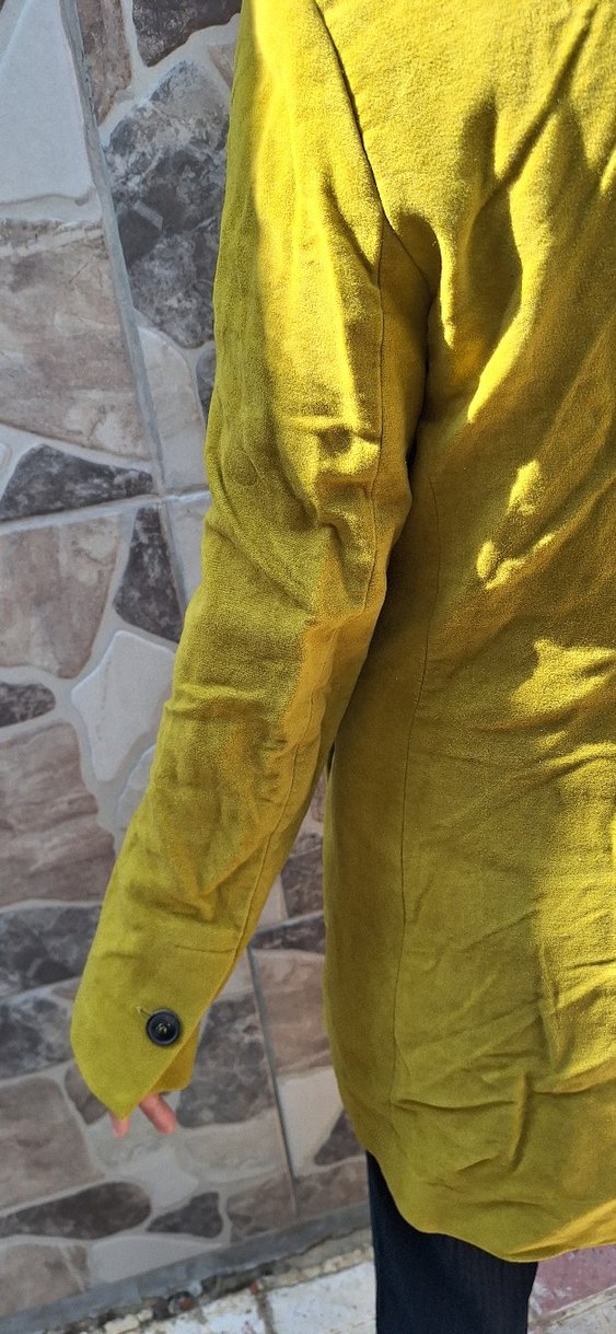 Sarı Düğmeli Kadın Keten Blazer - Görsel 3