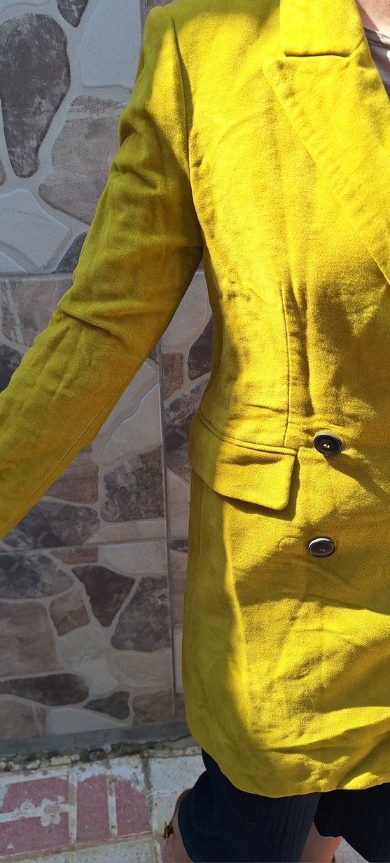 Sarı Düğmeli Kadın Keten Blazer - Görsel 2