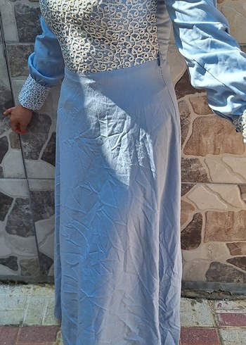 Drapeli Nakışlı Mavi Uzun Elbise - Görsel 9