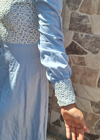 Drapeli Nakışlı Mavi Uzun Elbise - Görsel 10