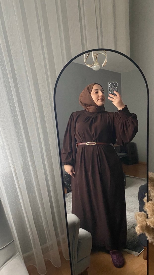 Kahverengi Etnik Desenli Uzun Kollu Kadın Elbise - Görsel 2