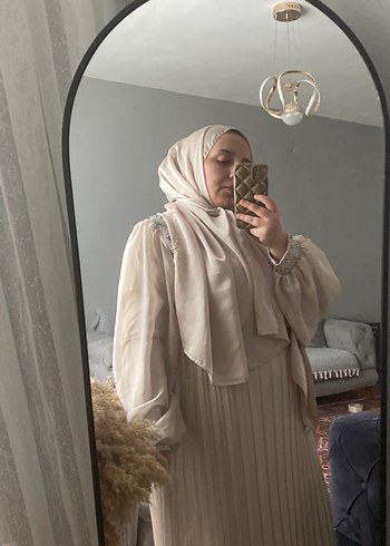 Şeffaf Bej Uzun Bohem Elbise - Görsel 3