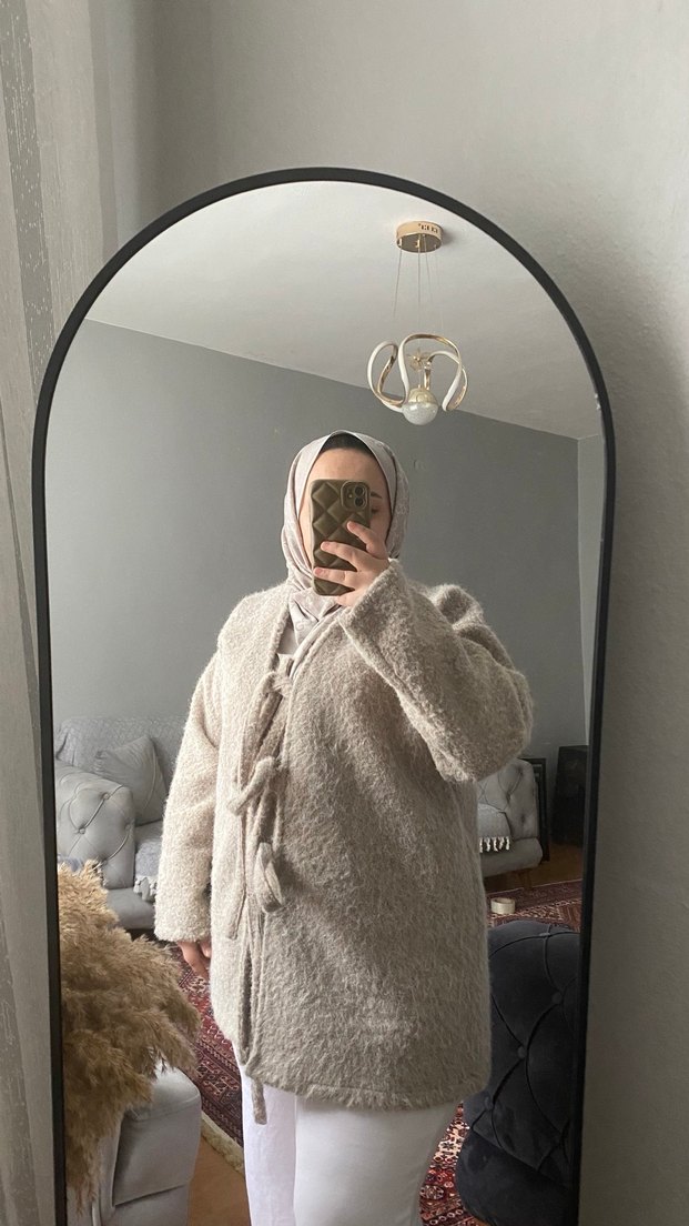 Bej Kadın Yünlü Kürklü Midi Mont - Görsel 3