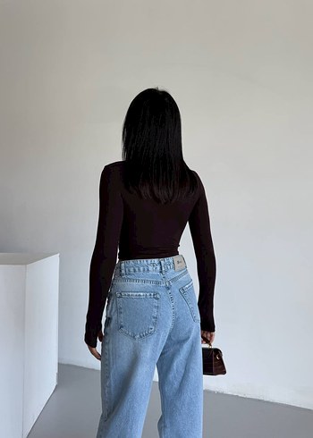 Zara Kahverengi Uzun Kollu Crop Top