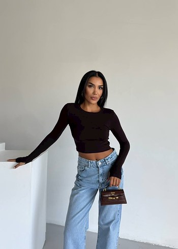 m Beden kahverengi Renk Kahverengi Uzun Kollu Crop Top