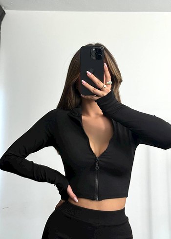 Fermuarlı Siyah Mini Uzun Kollu Crop Top - Görsel 2