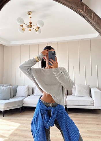 Massimo Dutti Gri Kısa Salaş Kadın Kazak