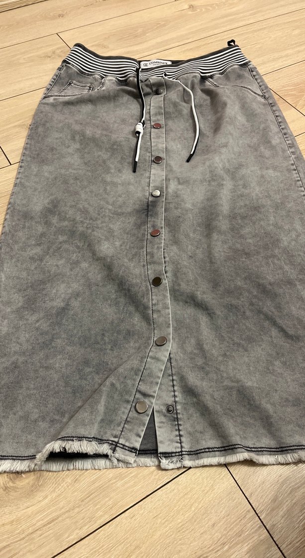 Düğmeli Gri Uzun Kot Etek - Görsel 4