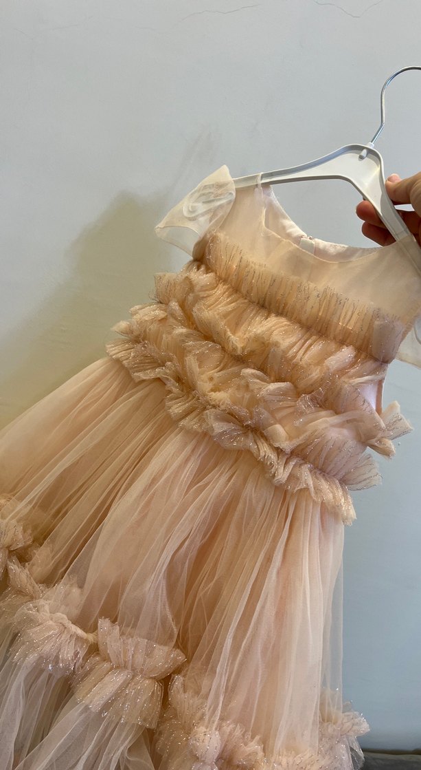 Bej Fırfırlı Bohem Straplez Kız Çocuk Elbise - Görsel 5