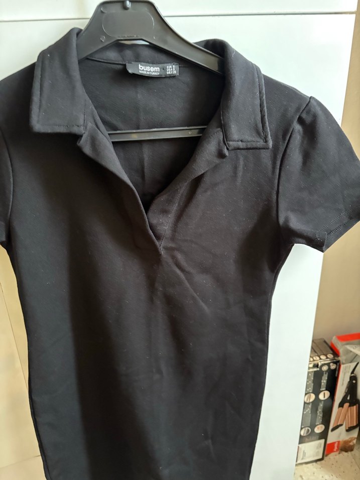 Siyah Kısa Kollu Polo Yaka Midi Elbise - Görsel 3