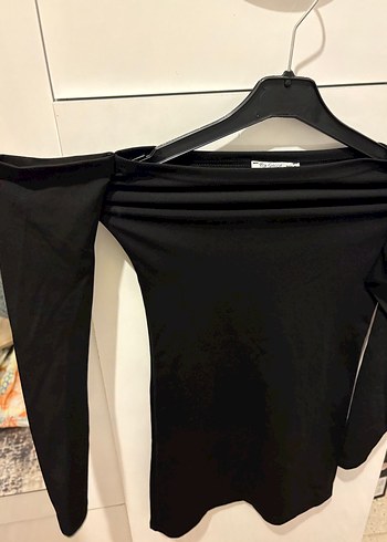 Drapeli Straplez Siyah Uzun Kollu mini elbise - Görsel 2