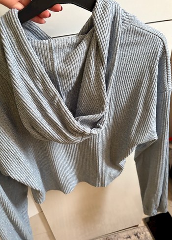 Gri Örgü Kapüşonlu Kadın Sweatshirt - Görsel 4