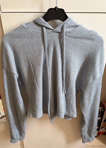 Gri Örgü Kapüşonlu Kadın Sweatshirt - Görsel 2