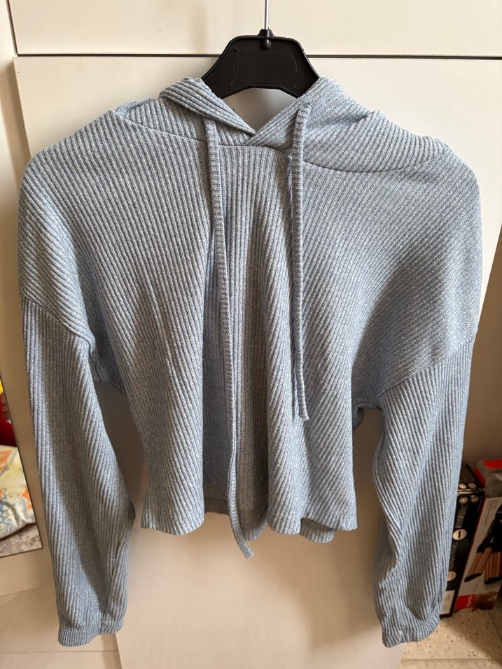 Gri Örgü Kapüşonlu Kadın Sweatshirt - Görsel 2