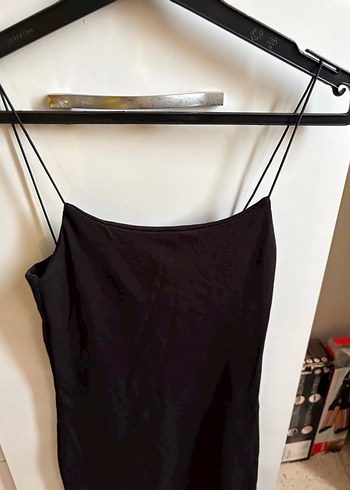 Siyah Midi İnce Askılı Elbise - Görsel 3