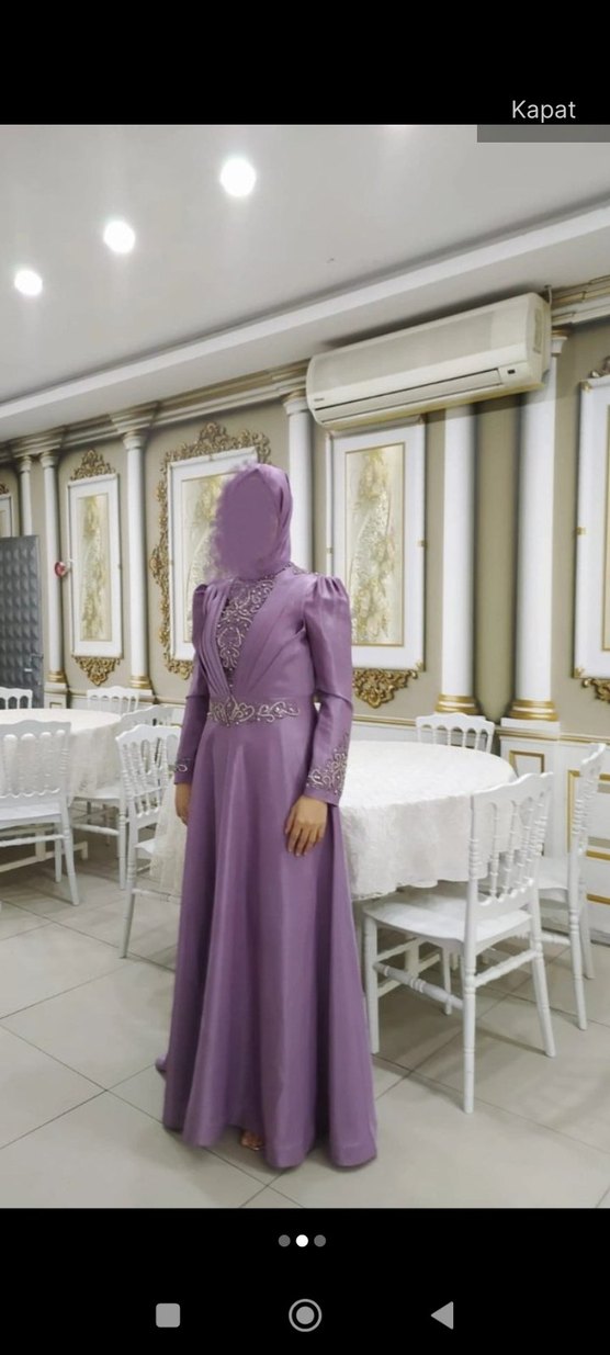 Uzun Kollu İşlemeli Mor Abiye Elbise - Görsel 2