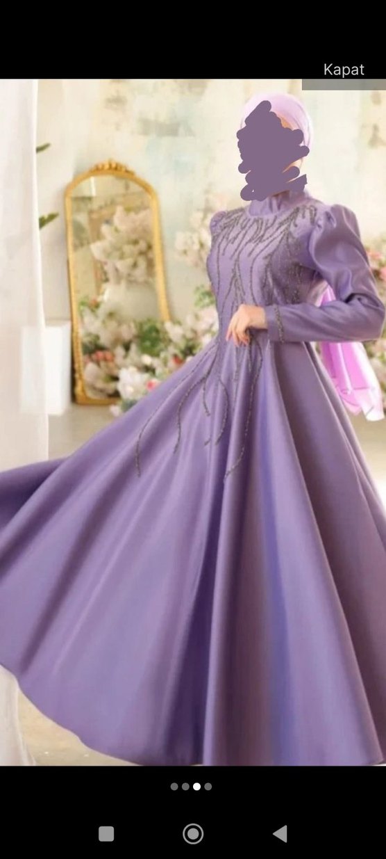 Mor Uzun Kollu İşlemeli Abiye Elbise - Görsel 3