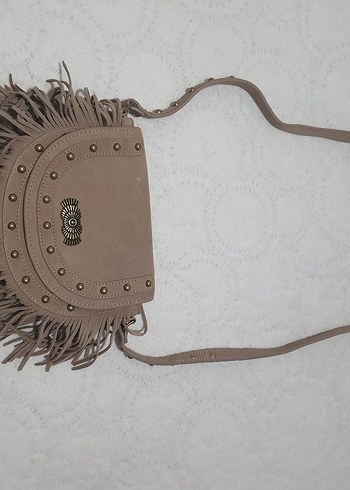 Püsküllü Bej Süet Bohem Çanta - Görsel 2