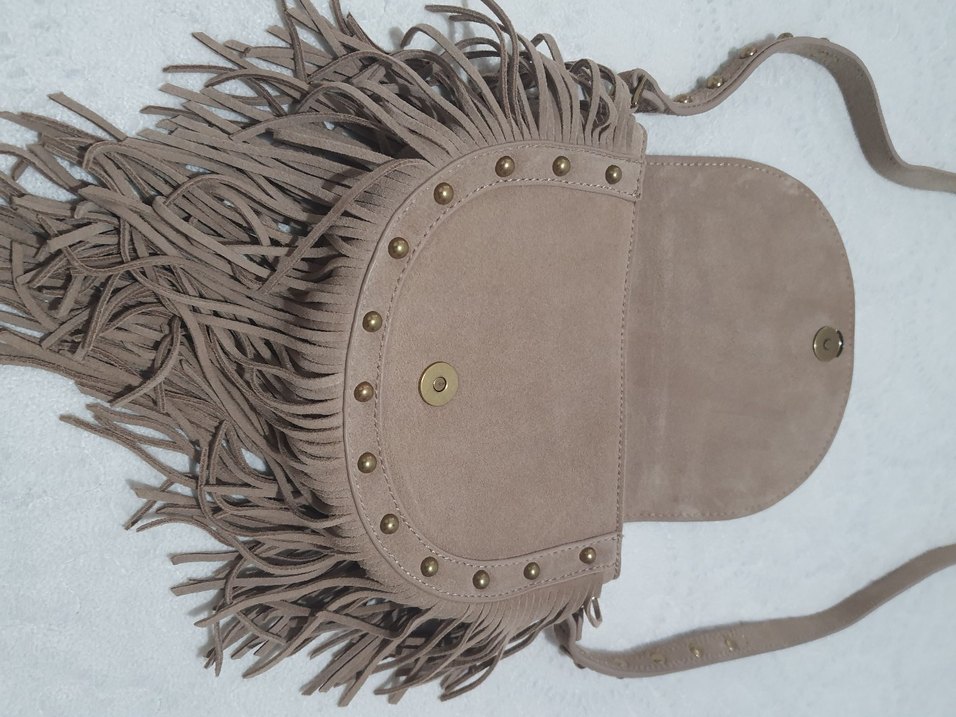 Püsküllü Bej Süet Bohem Çanta - Görsel 3