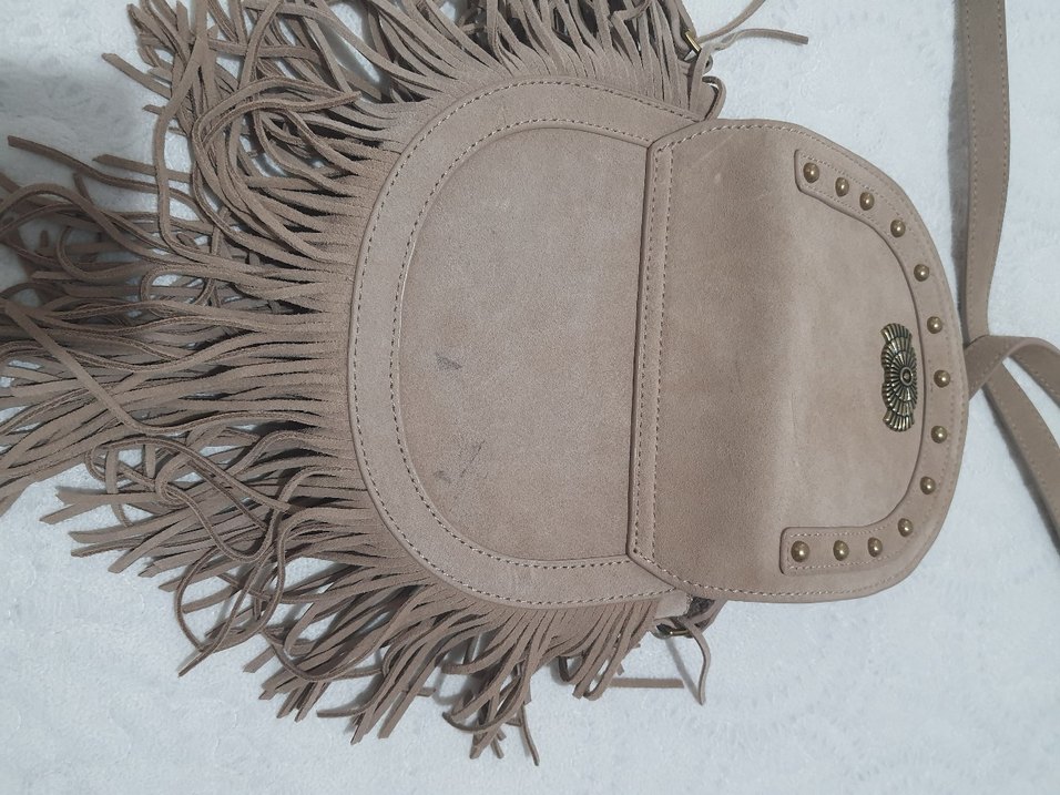 Püsküllü Bej Süet Bohem Çanta - Görsel 4