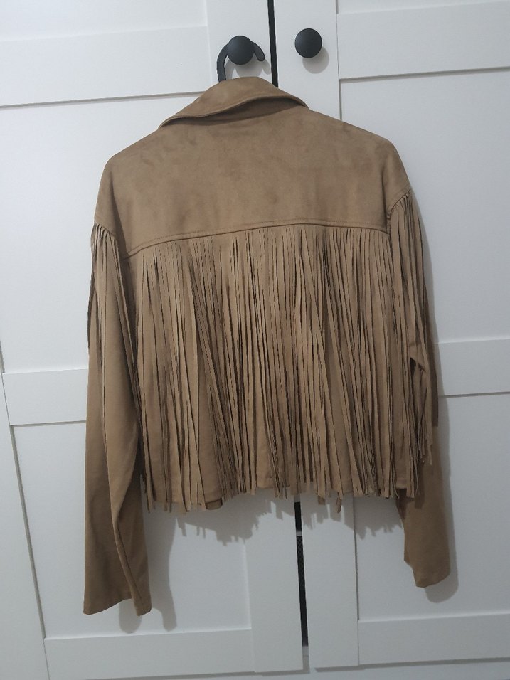 Bej Süet Püsküllü Kadın Deri Ceket - Görsel 3