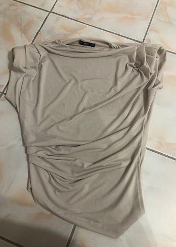 V Yaka Drapeli Bej Kolsuz Bluz - Görsel 2