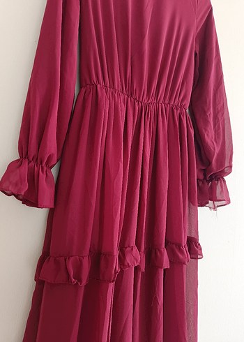 36 Beden bordo Renk Bordo Uzun Kollu Fırfırlı Bohem Elbise