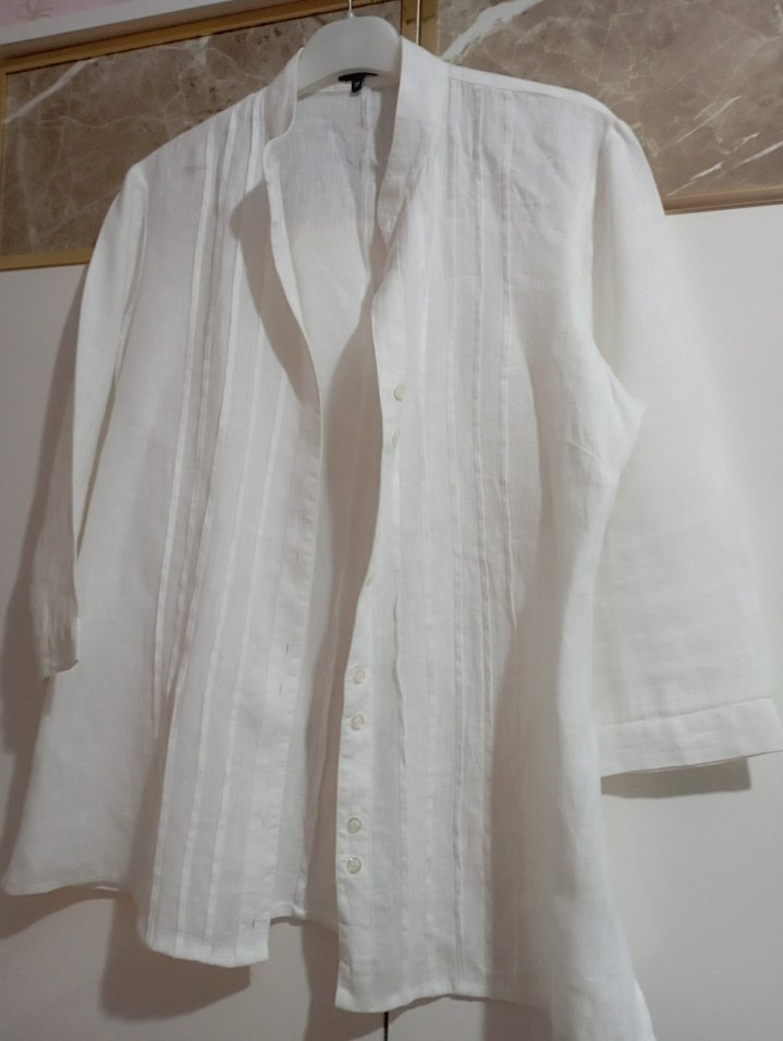 Kadın Beyaz Keten Pileli Gömlek - Görsel 2