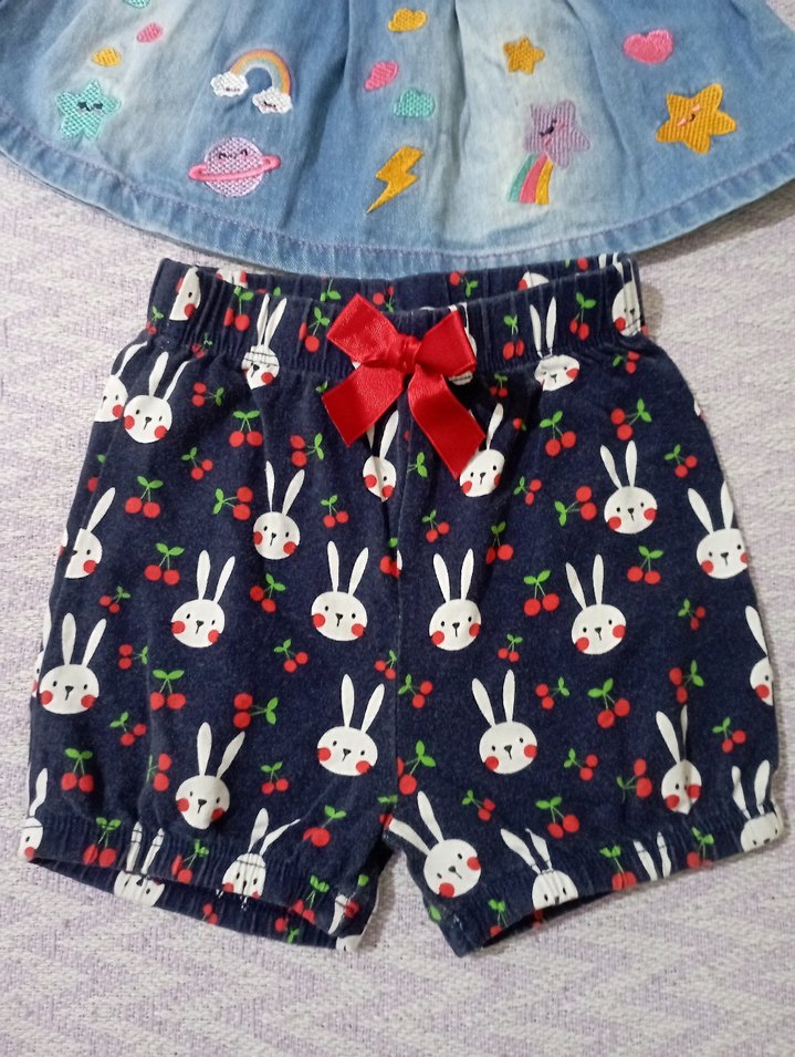 Kız Çocuk Renkli Nakışlı Kot etek ve şort - Görsel 2