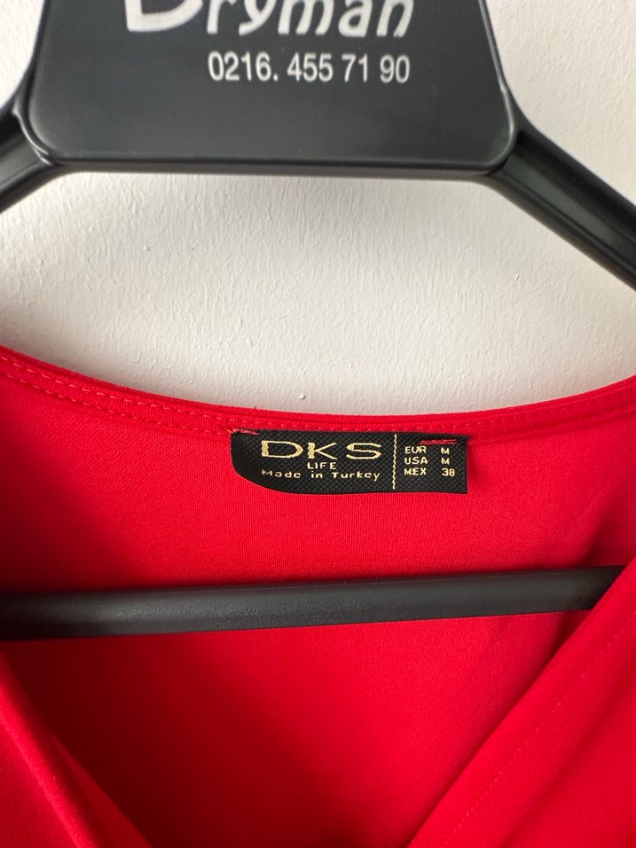 Kırmızı Drapeli V Yakalı Midi Elbise - Görsel 2