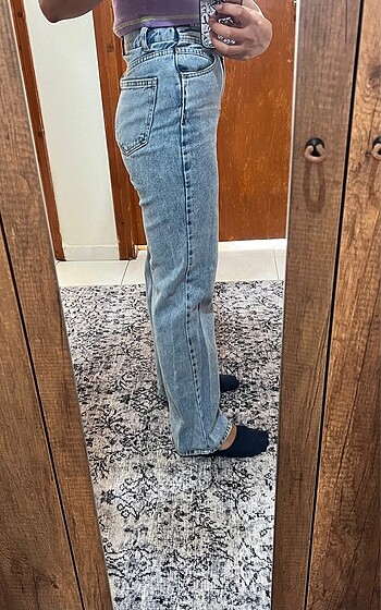 32 Beden Mavi bel detaylı yüksek bel 90s wide leg jeans